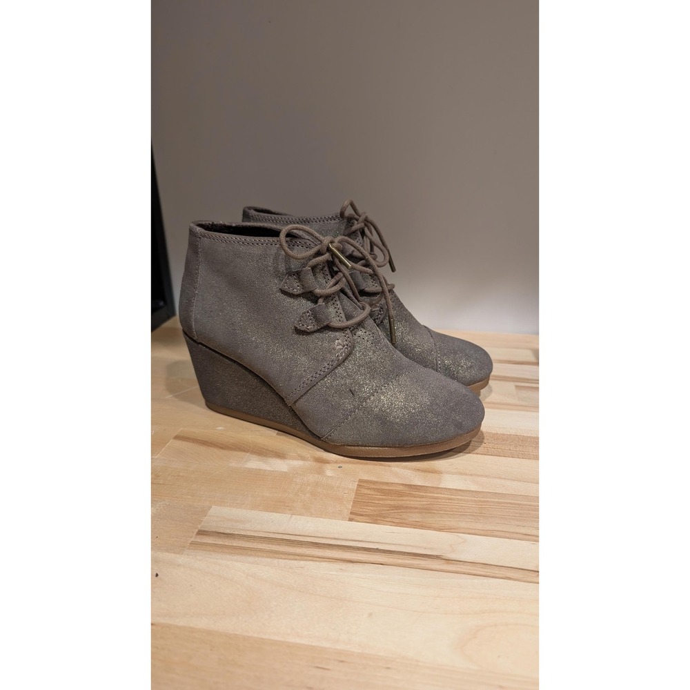 Stylish TOMS Kala Wedge Booties - Gray Shimmer Suede Size 6